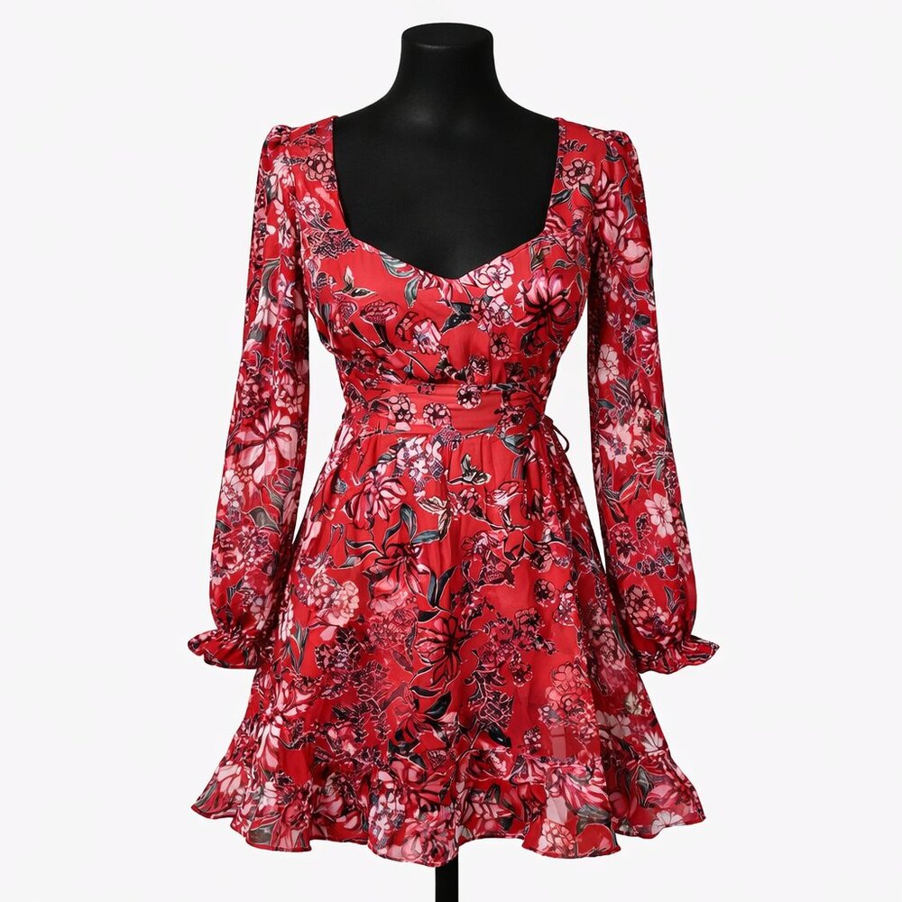 For Love & Lemons Nicole Burnout Mini Dress XS Red Pink Coquette Romantic